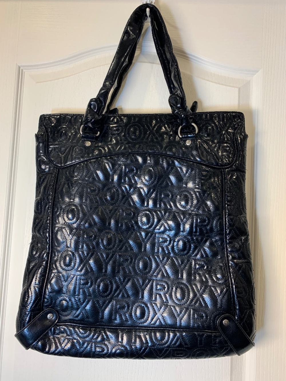 Roxy Oversized Black‎ Logo Tote Bag Y2K Surf Style Large Purse Shoulder Glossy
